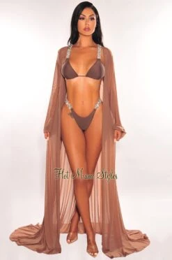 Toffee Mesh Long Sleeves Belted Maxi Cover Up -rehab shop toffee mesh long sleeves belted maxi cover up hot miami styles 242373