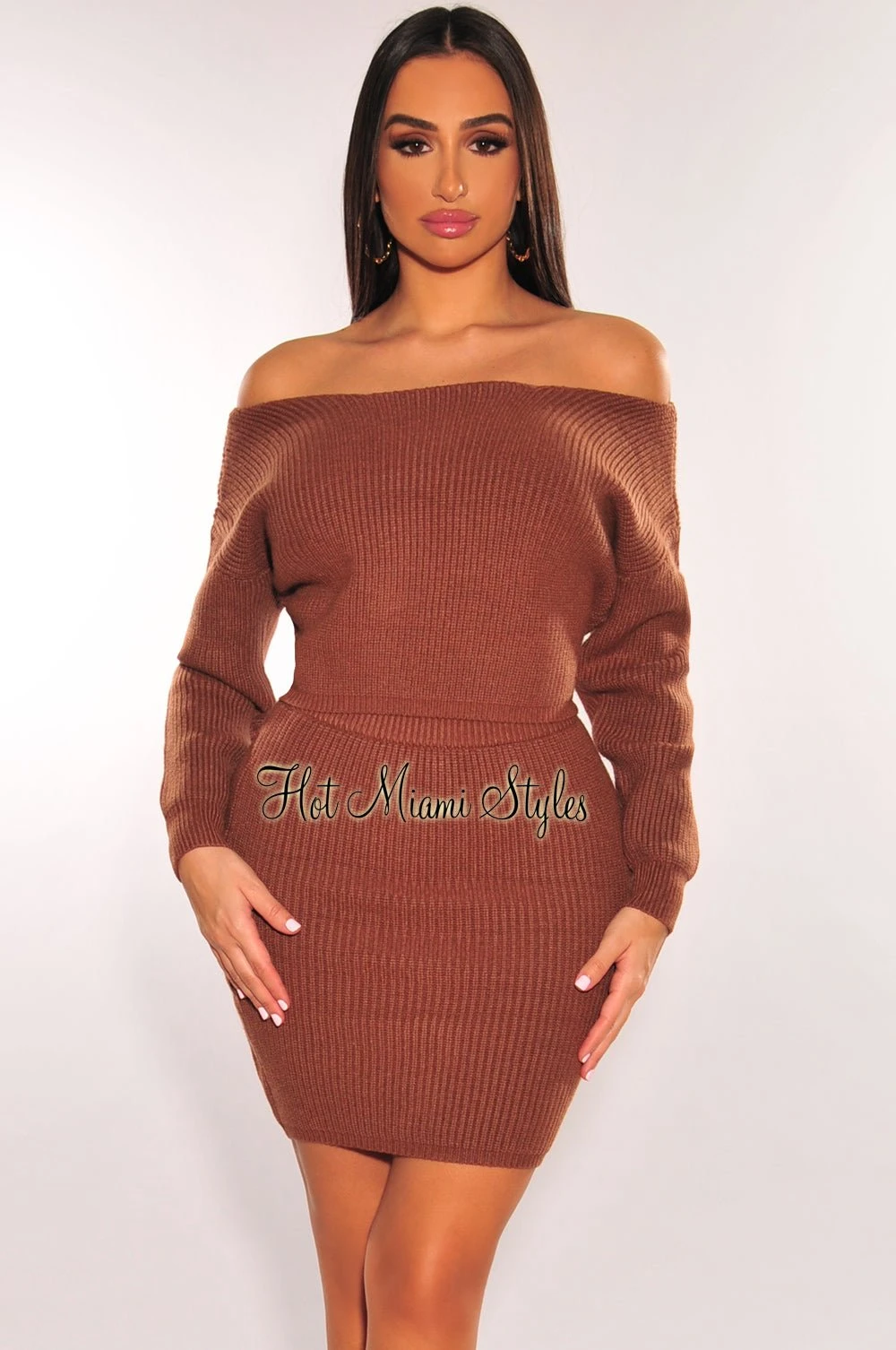 Toffee Ribbed Knit Sweater High Waist Skirt Two Piece Set 3 Toffee Ribbed Knit Sweater High Waist Skirt Two Piece Set