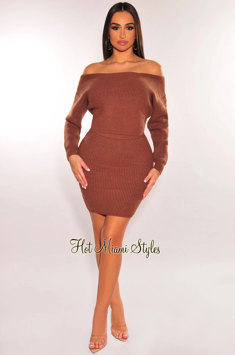 Toffee Ribbed Knit Sweater High Waist Skirt Two Piece Set 5 Toffee Ribbed Knit Sweater High Waist Skirt Two Piece Set - Image 3