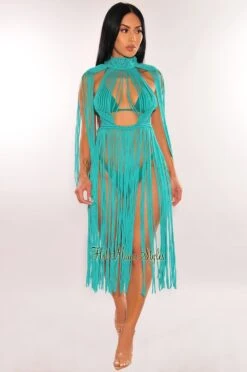 Turquoise Crochet Cape Sleeves Fringe Cover Up Dress