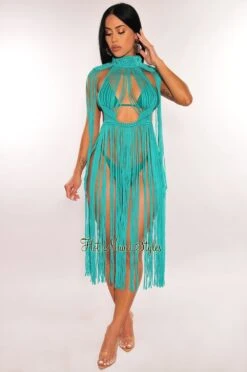 Turquoise Crochet Cape Sleeves Fringe Cover Up Dress -rehab shop turquoise crochet cape sleeves fringe cover up dress hot miami styles 613301