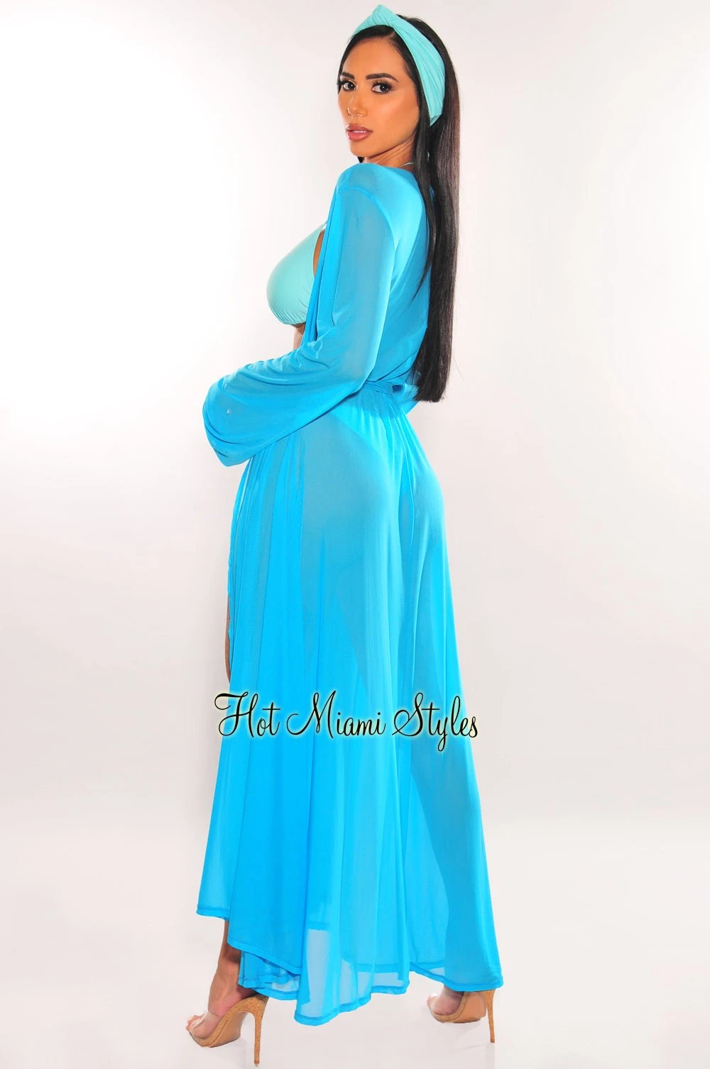 Turquoise Mesh Long Sleeves Belted Maxi Cover Up 4 Turquoise Mesh Long Sleeves Belted Maxi Cover Up - Image 2