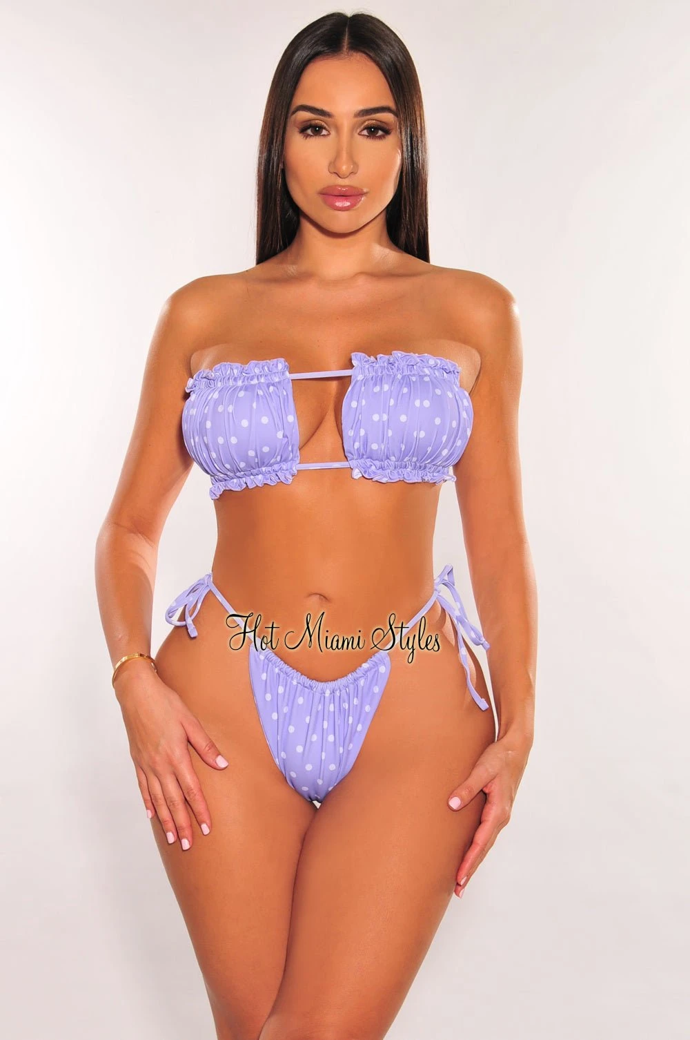 Violet Polka Dots Ruched Bust Frill Padded Bandeau Bikini 3 Violet Polka Dots Ruched Bust Frill Padded Bandeau Bikini