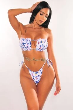 White Butterfly Print Ruched Bust Frill Padded Bandeau Bikini