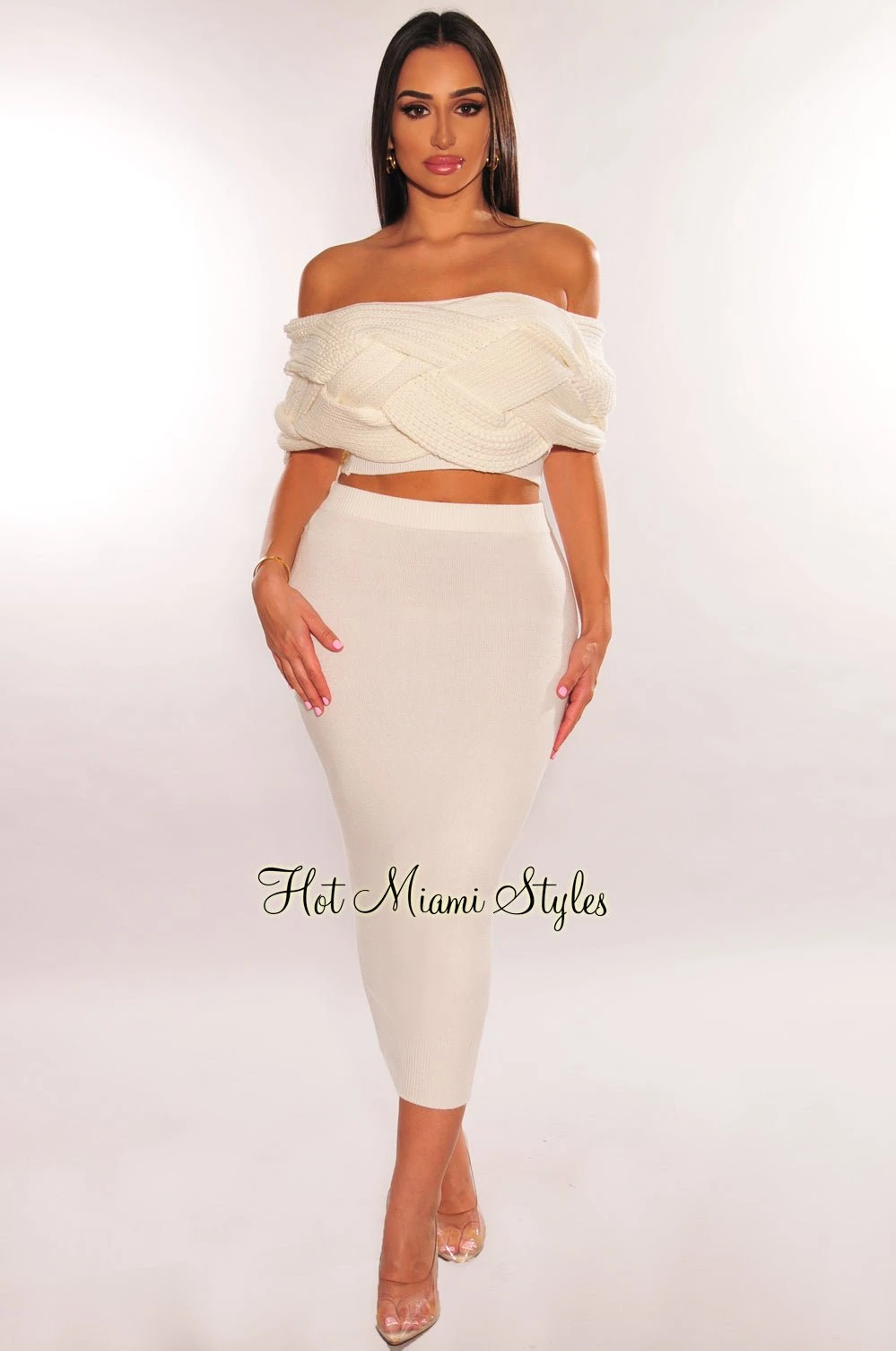 White Cable Knit Off Shoulder Skirt Two Piece Set 3 White Cable Knit Off Shoulder Skirt Two Piece Set