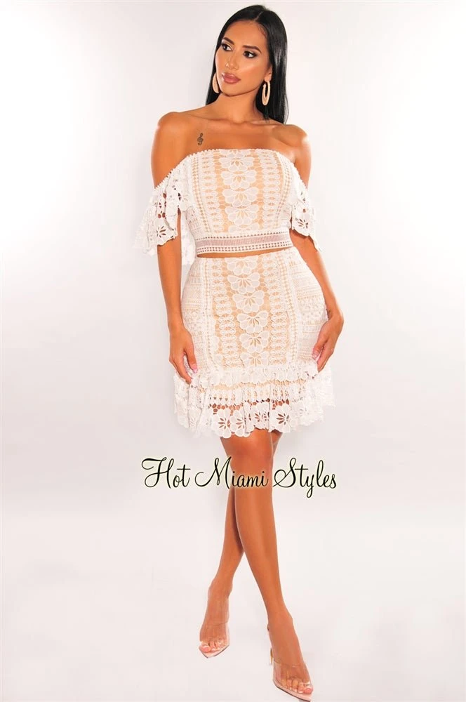 White Crochet Embroidered Off Shoulder Ruffle Skirt Two Piece Set 5 White Crochet Embroidered Off Shoulder Ruffle Skirt Two Piece Set - Image 3