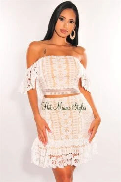 White Crochet Embroidered Off Shoulder Ruffle Skirt Two Piece Set