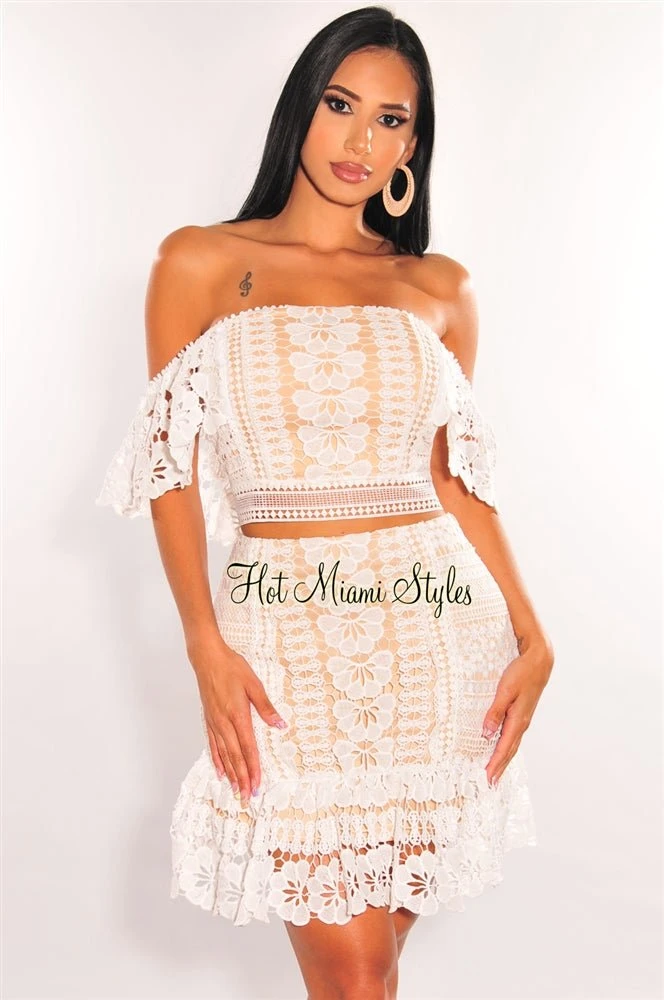 White Crochet Embroidered Off Shoulder Ruffle Skirt Two Piece Set 3 White Crochet Embroidered Off Shoulder Ruffle Skirt Two Piece Set