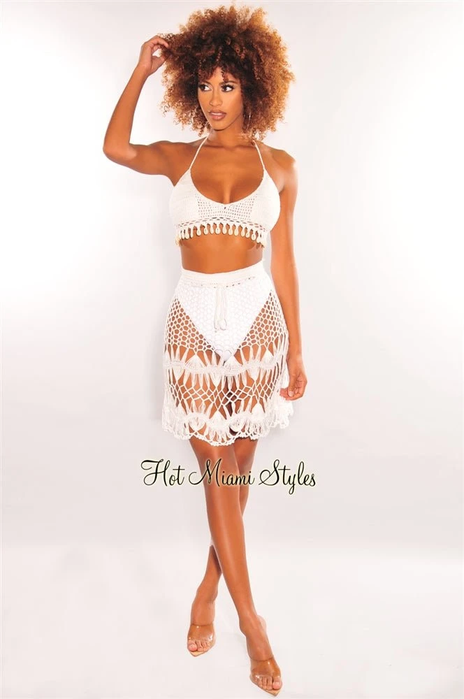 White Crochet Halter Cowrie Shells Skirt Two Piece Set Cover Up 5 White Crochet Halter Cowrie Shells Skirt Two Piece Set Cover Up - Image 3
