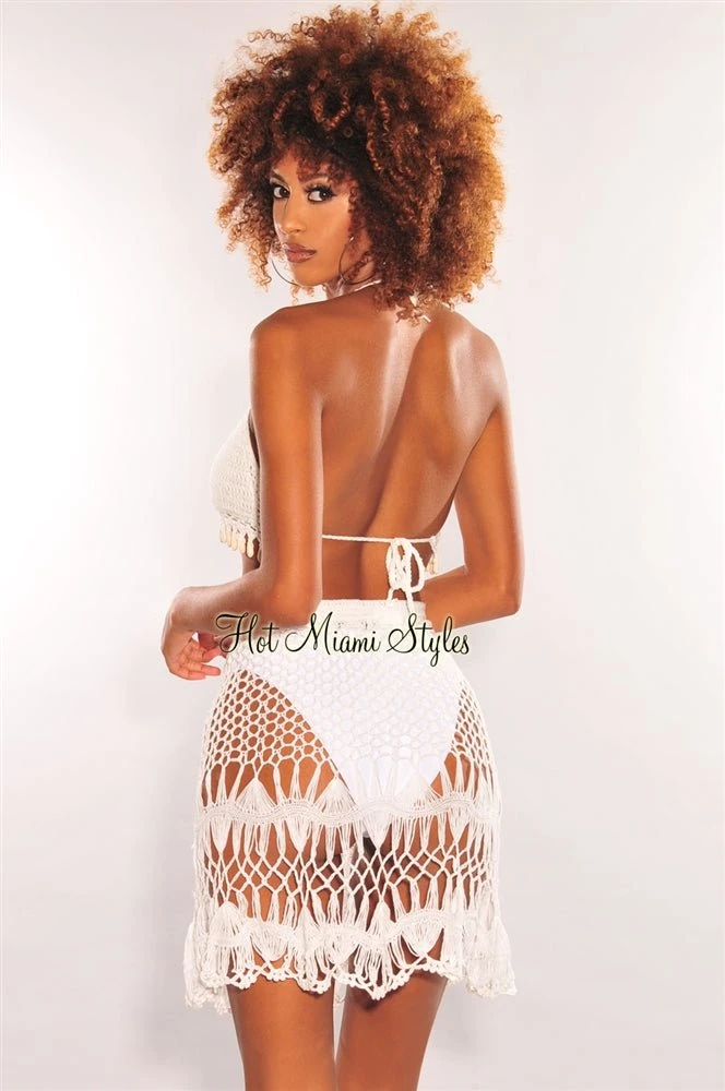 White Crochet Halter Cowrie Shells Skirt Two Piece Set Cover Up 4 White Crochet Halter Cowrie Shells Skirt Two Piece Set Cover Up - Image 2