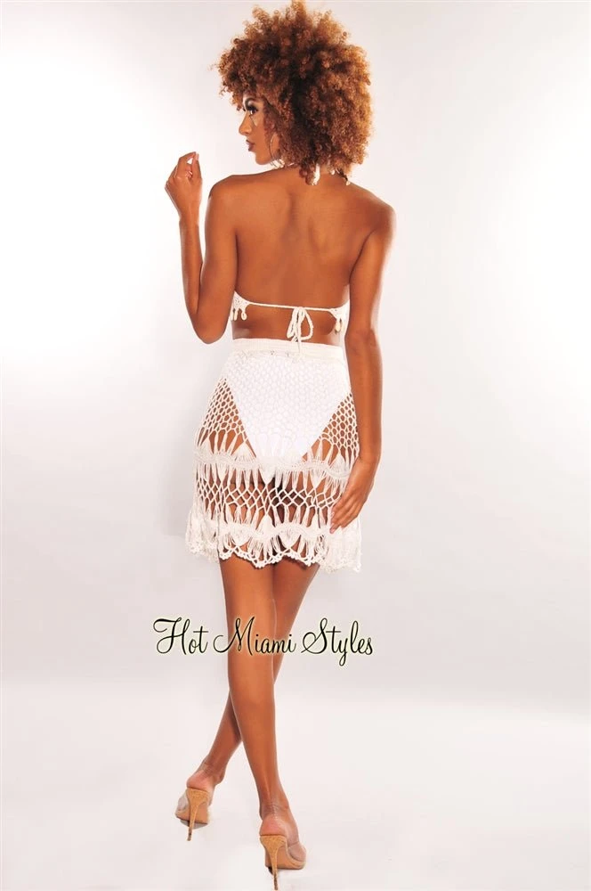 White Crochet Halter Cowrie Shells Skirt Two Piece Set Cover Up 6 White Crochet Halter Cowrie Shells Skirt Two Piece Set Cover Up - Image 4