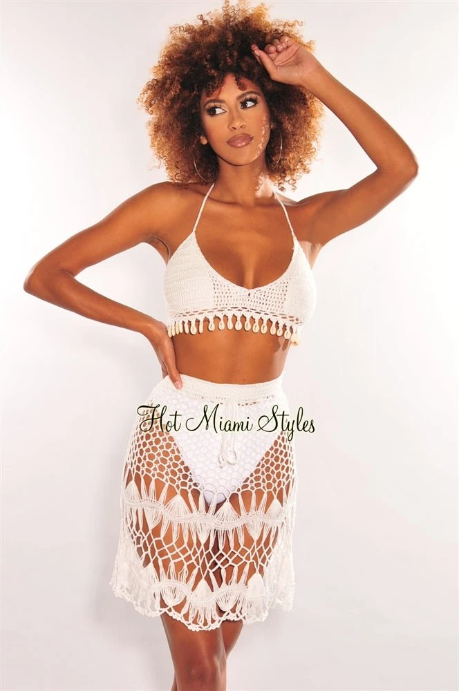 White Crochet Halter Cowrie Shells Skirt Two Piece Set Cover Up 3 White Crochet Halter Cowrie Shells Skirt Two Piece Set Cover Up