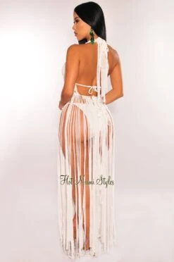 White Crochet Halter Fringe Cover Up Dress -rehab shop white crochet halter fringe cover up dress hot miami styles 219784