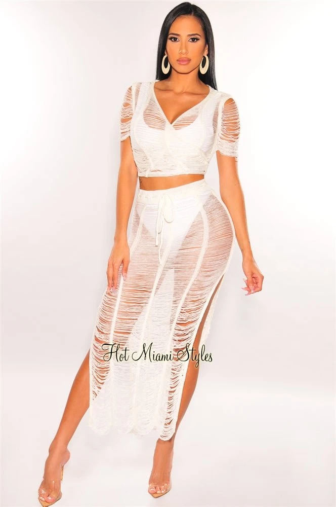 White Crochet Knit Sheer Skirt Two Piece Set Cover Up 4 White Crochet Knit Sheer Skirt Two Piece Set Cover Up - Image 2