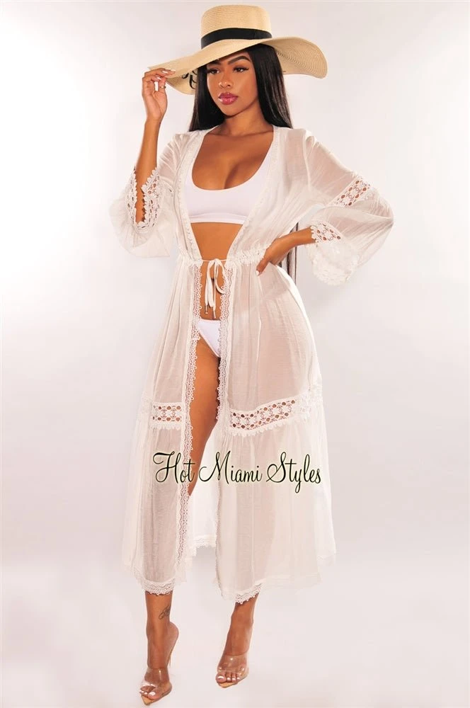 White Crochet Long Sleeve Tie Up Maxi Cover Up 3 White Crochet Long Sleeve Tie Up Maxi Cover Up