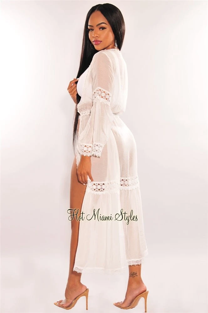 White Crochet Long Sleeve Tie Up Maxi Cover Up 4 White Crochet Long Sleeve Tie Up Maxi Cover Up - Image 2
