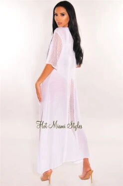 White Crochet Short Sleeve Tie Up Maxi Cover Up -rehab shop white crochet short sleeve tie up maxi cover up hot miami styles 169057