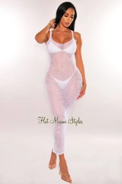 White Crochet Spaghetti Straps Cover Up Dress