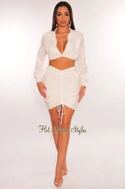 White Eyelet Embroidery Collared Long Sleeve Ruched Skirt Two Piece Set 8 White Eyelet Embroidery Collared Long Sleeve Ruched Skirt Two Piece Set -rehab shop white eyelet embroidery collared long sleeve ruched skirt two piece set hot miami styles 528052