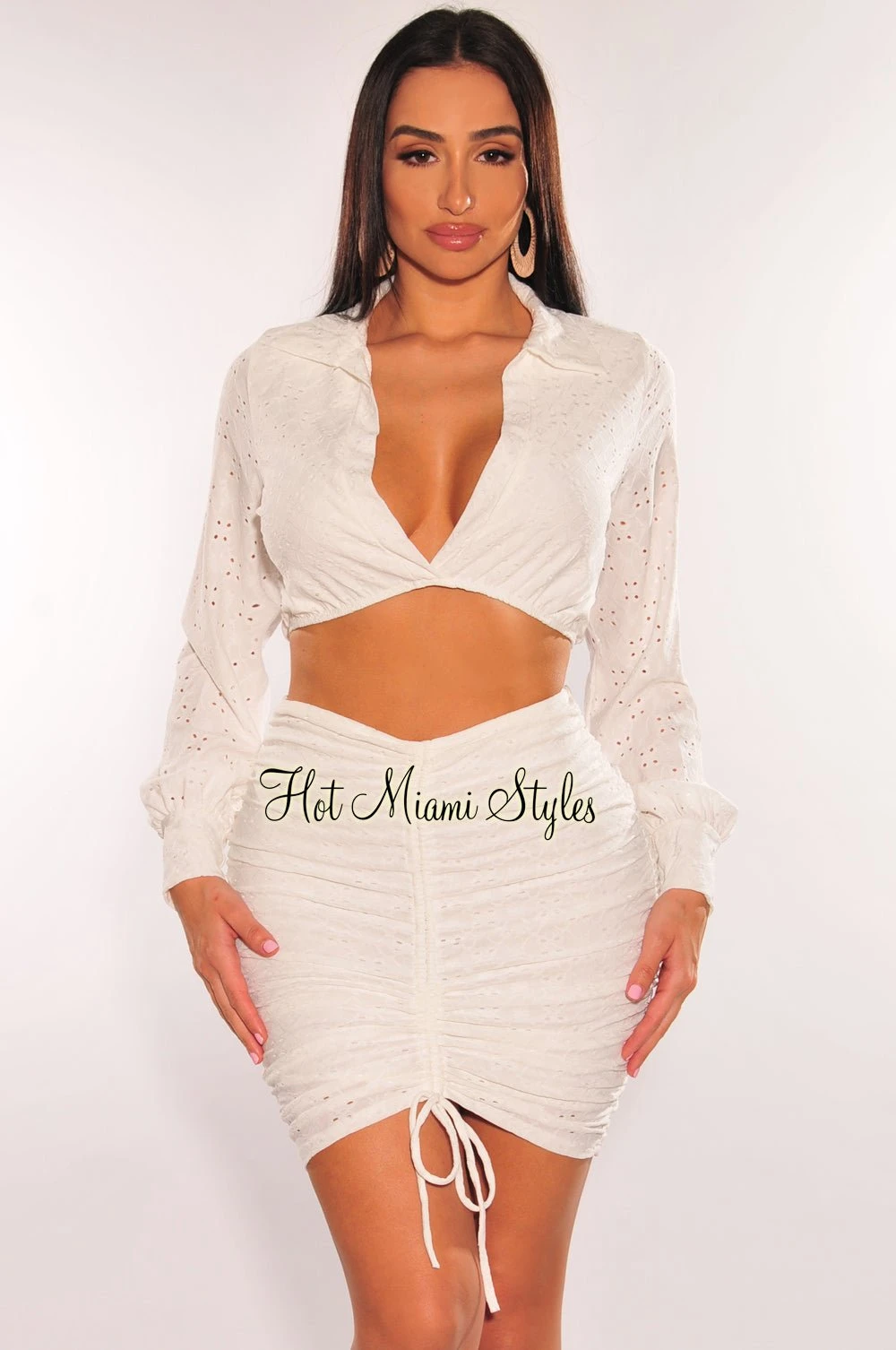 White Eyelet Embroidery Collared Long Sleeve Ruched Skirt Two Piece Set 3 White Eyelet Embroidery Collared Long Sleeve Ruched Skirt Two Piece Set