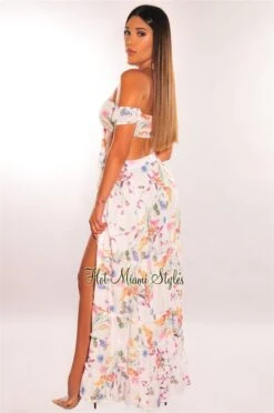 White Floral Print Tie Up Tiered Maxi Skirt Two Piece Set -rehab shop white floral print tie up tiered maxi skirt two piece set hot miami styles 806120