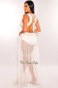 White Fringe Cut Out Lace Up Back Sleeveless Maxi Dress -rehab shop white fringe cut out lace up back sleeveless maxi dress hot miami styles 375584