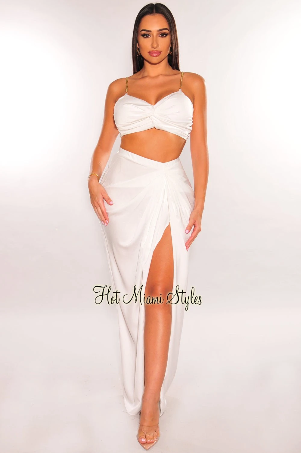 White Gold Chain Padded Knotted Slit Skirt Two Piece Set 3 White Gold Chain Padded Knotted Slit Skirt Two Piece Set