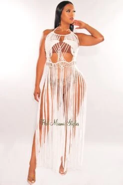 White Halter Crochet Knit Fringe Open Back Tie Up Cover Up