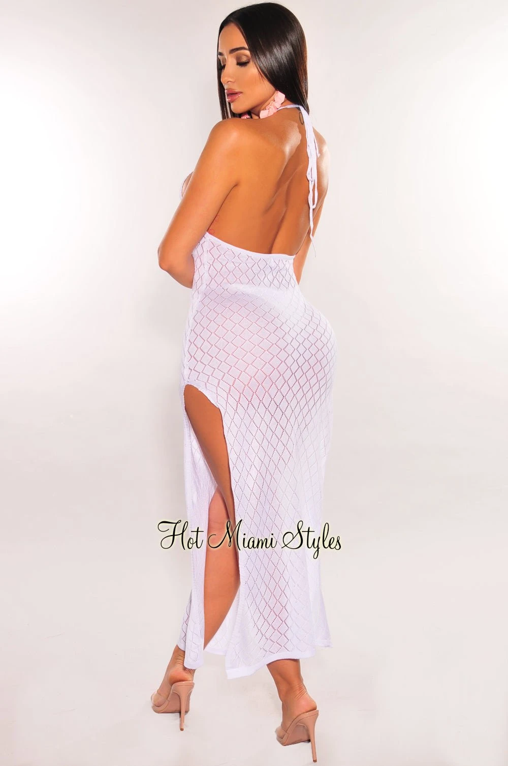 White Halter Open Back Double Slit Cover Up Dress 4 White Halter Open Back Double Slit Cover Up Dress - Image 2