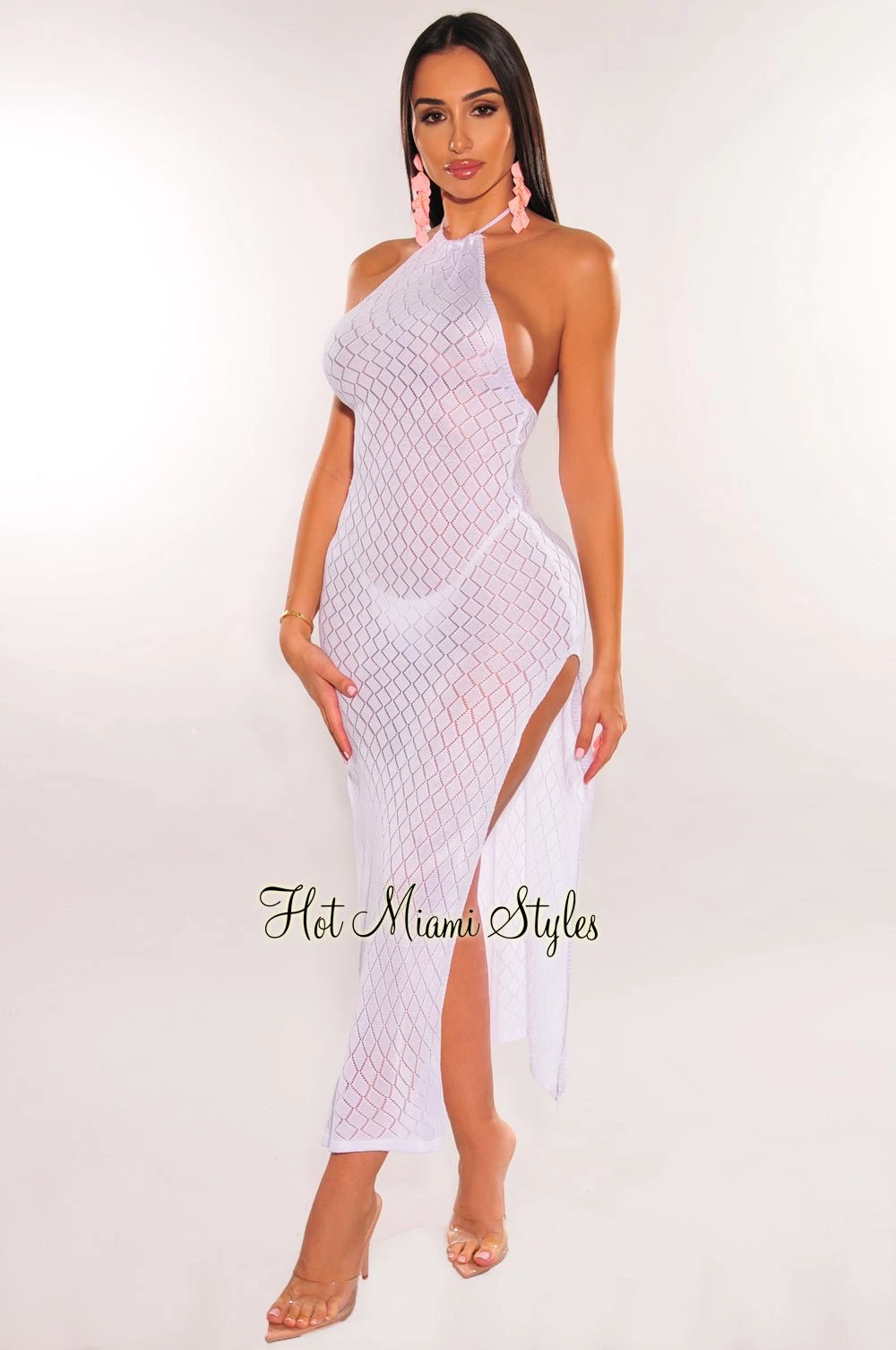 White Halter Open Back Double Slit Cover Up Dress 3 White Halter Open Back Double Slit Cover Up Dress