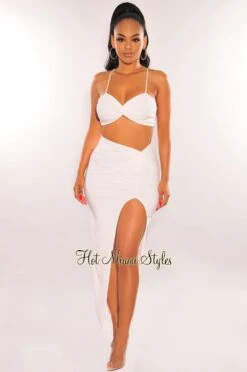 White Knotted Slit Skirt Two Piece Set