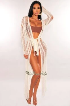 White Long Sleeve Ladder Cut Belted Cover Up