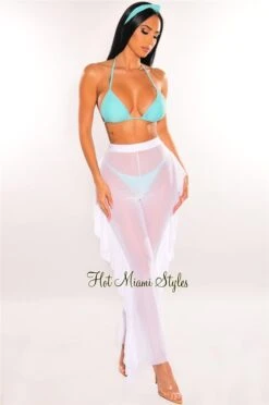 White Mesh High Waist Ruffle Sides Pants Cover Up Pants