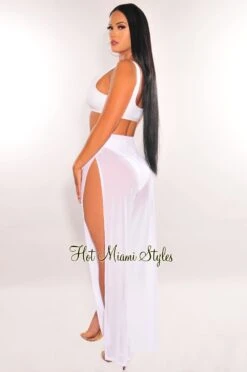 rehab shop -rehab shop white mesh sheer high waist double slit cover up pants hot miami styles 152051