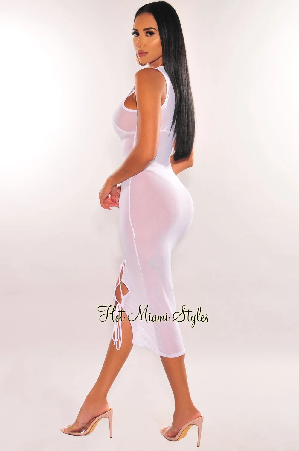 White Mesh Sheer Lace Up Sleeveless Cover Up Dress 4 White Mesh Sheer Lace Up Sleeveless Cover Up Dress - Image 2