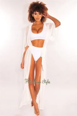 White Mesh Sheer Maxi Tie Up Cover Up
