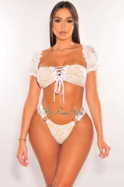 White Nude Floral Lace Off Shoulder Strappy O-Ring Bikini -rehab shop white nude floral lace off shoulder strappy o ring bikini hot miami styles 132184