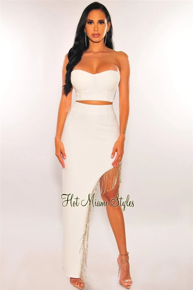 White Padded Underwire Rhinestone Fringe Skirt Two Piece Set 3 White Padded Underwire Rhinestone Fringe Skirt Two Piece Set