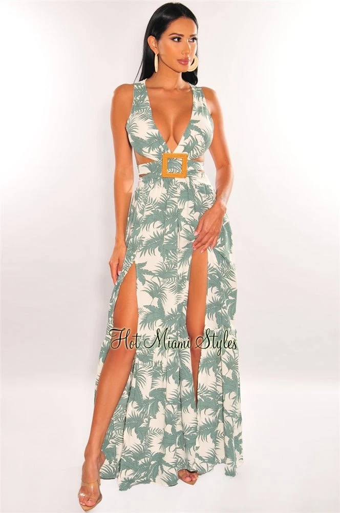 White Palm Print Cut Out Lace Up Back Belted Double Slit Maxi Dress 3 White Palm Print Cut Out Lace Up Back Belted Double Slit Maxi Dress