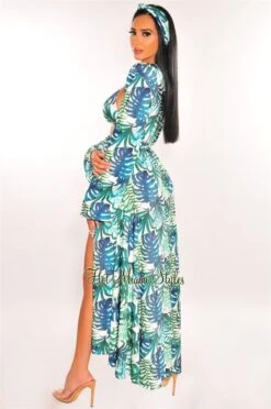 White Palm Print Long Sleeves Belted Maxi Cover Up -rehab shop white palm print long sleeves belted maxi cover up hot miami styles 321448
