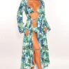 White Palm Print Long Sleeves Belted Maxi Cover Up -rehab shop white palm print long sleeves belted maxi cover up hot miami styles 999119