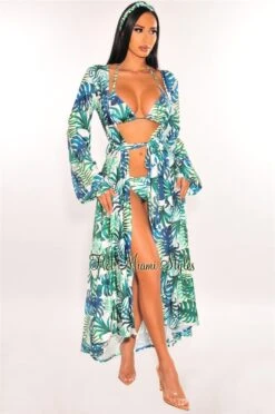 White Palm Print Long Sleeves Belted Maxi Cover Up