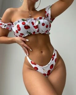 White Red Cherry Off Shoulder Ruffle Trim Bikini -rehab shop white red cherry off shoulder ruffle trim bikini hot miami styles 463538