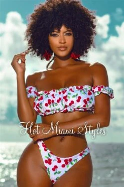 White Red Cherry Off Shoulder Ruffle Trim Bikini
