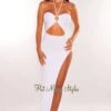 White Ribbed Halter O-Ring Cut Out Slit Maxi Dress -rehab shop white ribbed halter o ring cut out slit maxi dress hot miami styles 542525