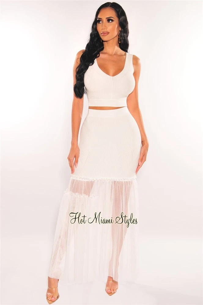White Ribbed Knit Tank Net Skirt Two Piece Set 4 White Ribbed Knit Tank Net Skirt Two Piece Set - Image 2