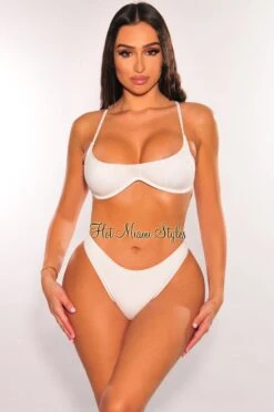 White Ribbed Padded Spaghetti Straps Underwire Bikini