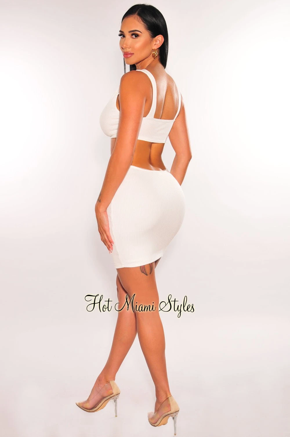 White Ribbed Sleeveless Knotted Cut Out Mini Dress 6 White Ribbed Sleeveless Knotted Cut Out Mini Dress - Image 4