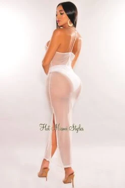 rehab shop -rehab shop white sheer mesh spaghetti straps cover up slit dress hot miami styles 267096