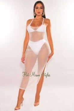 White Sheer Mesh Spaghetti Straps Cover Up Slit Dress